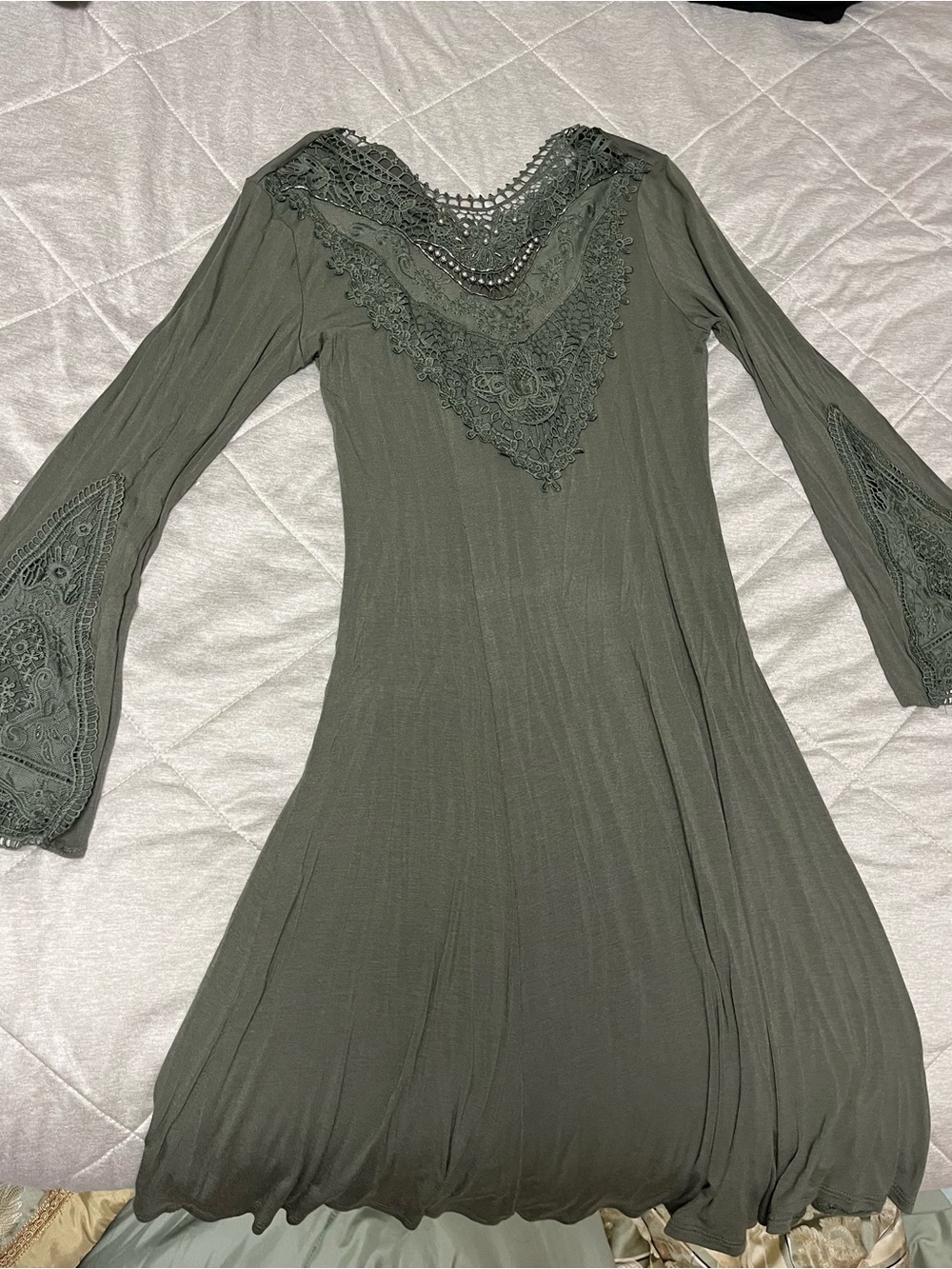 VENUS Olive Green Long Sleeve Lace Trim Dress